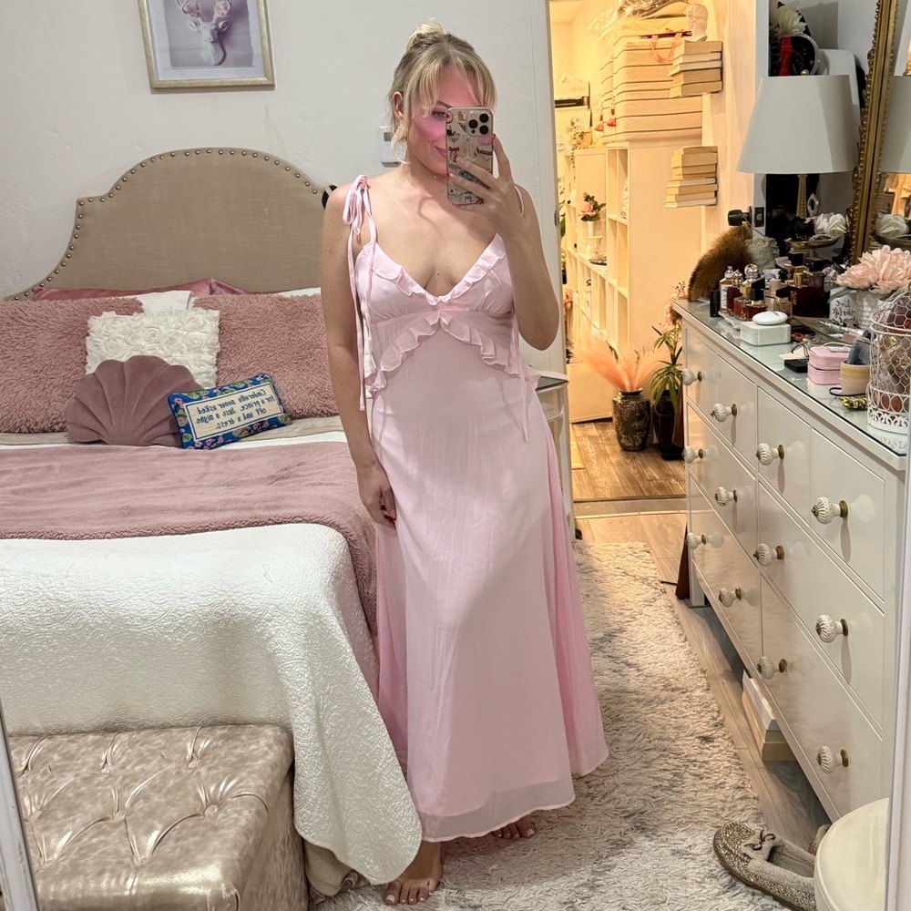 Pink Ruffle-Trim Spaghetti Strap Maxi Dress